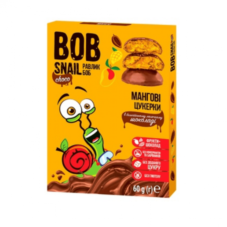 Цукерки "Bob Snail" мангові в молочному шоколаді без цукру, 60г - image-0
